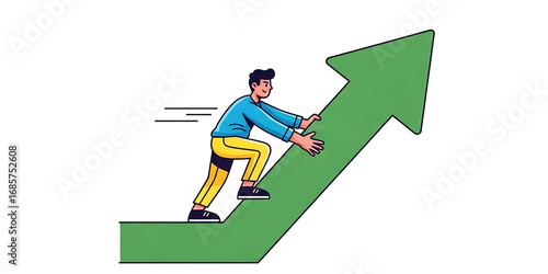 Determined cartoon man pushing a large green arrow upwards representing business growth progress effort and overcoming challenges.
