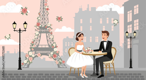 Romantic parisian wedding illustration with eiffel tower and happy couple celebrating love