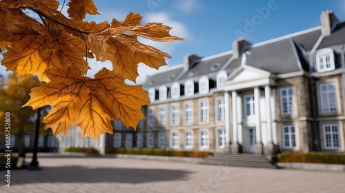 Wallpaper Mural Golden leaves scatter across a walkway, illuminated by the warm glow of sunset near a contemporary building in the background Torontodigital.ca