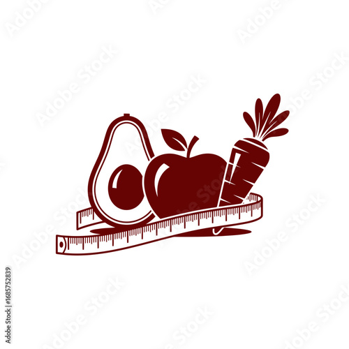 Vector art of healthy lifestyle concept with fresh avocado, apple, and carrot wrapped in a measuring tape