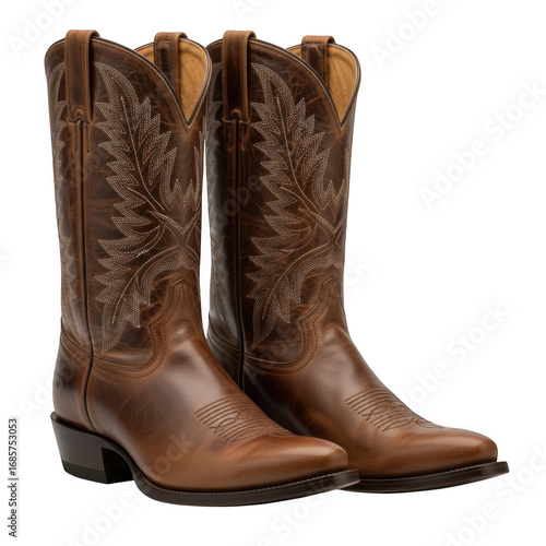 Pair of brown leather cowboy boots isolated on transparent background