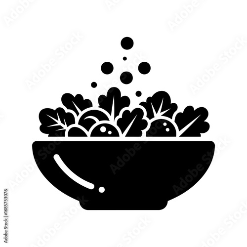 Vector art of a black and white icon representing a bowl of salad with steam rising, symbolizing healthy food and fresh ingredients