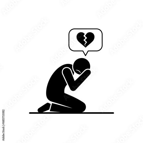 Vector art of sad stick figure kneeling with head in hands, symbolizing heartbreak and emotional pain