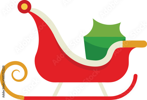 Vector art of a festive red christmas sleigh with a green holly decoration