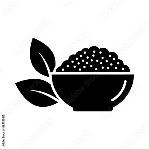 Vector art of a simple black and white icon representing a bowl filled with small grains or seeds, accompanied by two green leaves, suggesting natural ingredients or healthy food