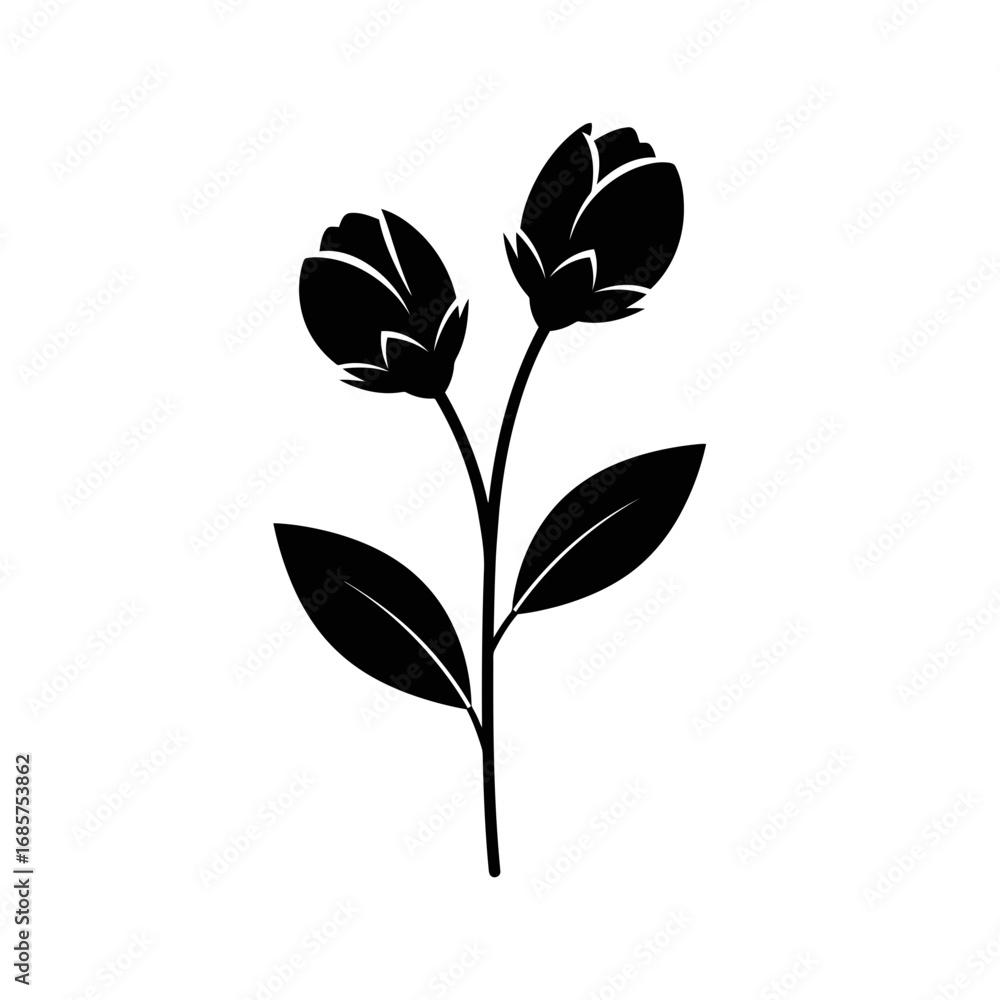 Obraz premium Vector art of black silhouette of two rose buds on a stem with leaves