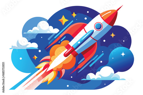 Cartoon Rocket Ship with Flame in Blue Starry Sky Illustration