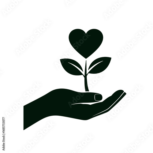 Vector art of hand holding a growing plant with a heartshaped leaf