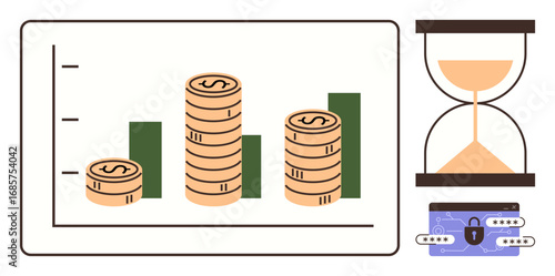 Stacked coins on a growth chart, hourglass tracking time, wallet with a lock signifying financial security. Ideal for investment, budgeting, economic growth, time management, personal finance