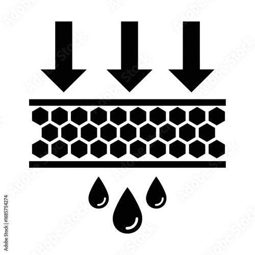 Vector art of waterproof material icon showing three arrows indicating liquid passing through a honeycomb structure
