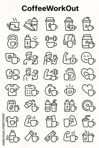 Coffee and Workout Icons A Collection of Illustrations Depicting Fitness, Beverages, and Activity
