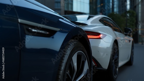 Sleek Sports Cars Driving in an Urban Landscape