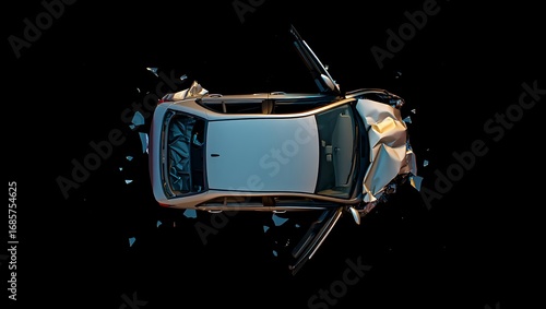 Aerial View of a Car Shattering into Pieces in Slow Motion