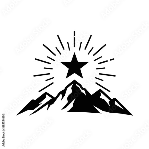 Vector art of a stylized black silhouette of a mountain range with a starburst emanating from a prominent star above the highest peak, isolated on a
