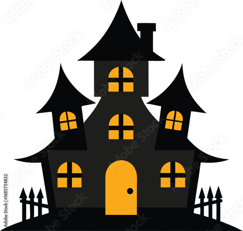 Vector art of spooky haunted house with glowing windows and a fence
