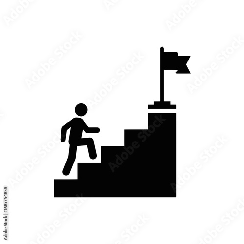 Vector art of silhouette of a person climbing stairs towards a flag on a, symbolizing achievement and success