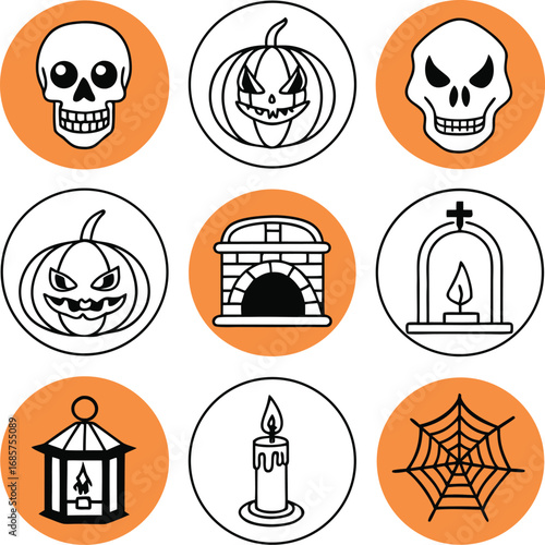 Vector art of collection of nine halloween icons in circles, including skulls, pumpkins, fireplace, tomb, lantern, candle, and spiderweb