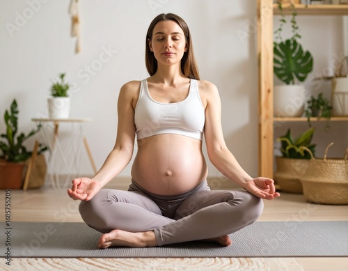 Pregnant woman meditating at home, finding peace and relaxation during pregnancy.