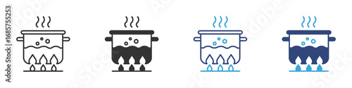 Pot of boiling water on a stove icon set in outline and flat style , vector illustration. 