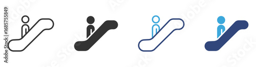 Escalator icon. Person standing on moving staircase icon set, vector illustration. 