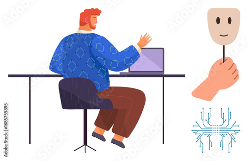 Man working on a laptop at a desk, mask symbolizing anonymity or identity. Ideal for digital security, online identity, technology, virtual interactions, cybersecurity, data protection, simple flat