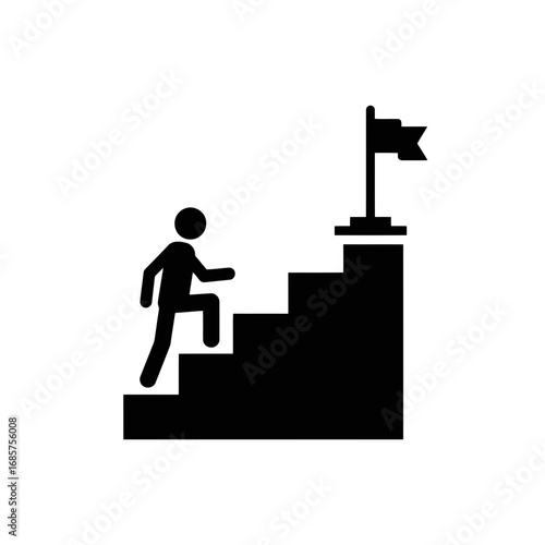 Vector art of silhouette of a person climbing stairs towards a flag on a, symbolizing success and achievement