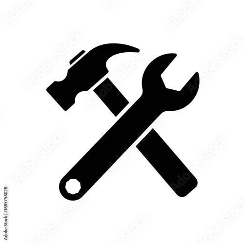 Vector art of a black silhouette of a hammer and a wrench crossed together, isolated on a, representing tools and repair