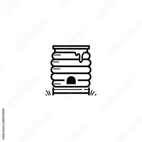 Beehive with honey dripping from the entrance on grassy ground, vector illustration. Beekeeping and honey organic produce concept