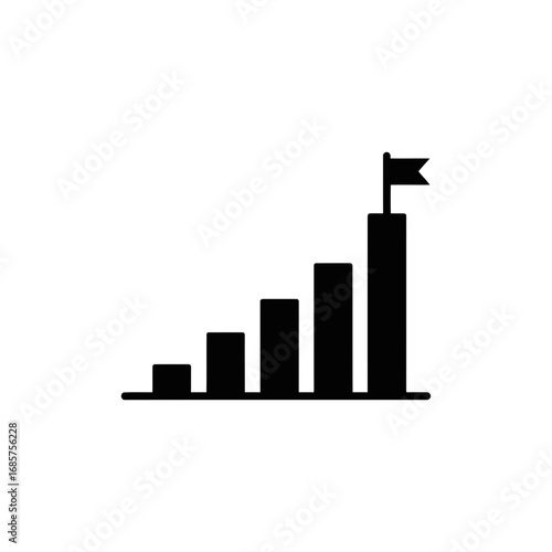 Vector art of a black icon representing a bar graph with increasing height and a flag on top, isolated on a, symbolizing growth and achievement