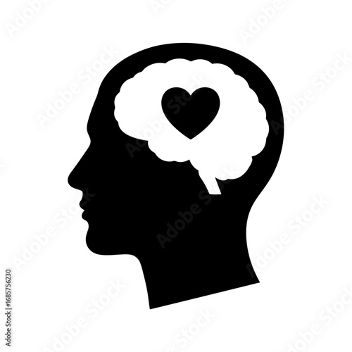 Vector art of silhouette of a human head profile with a brain inside, featuring a heart symbol within the brain