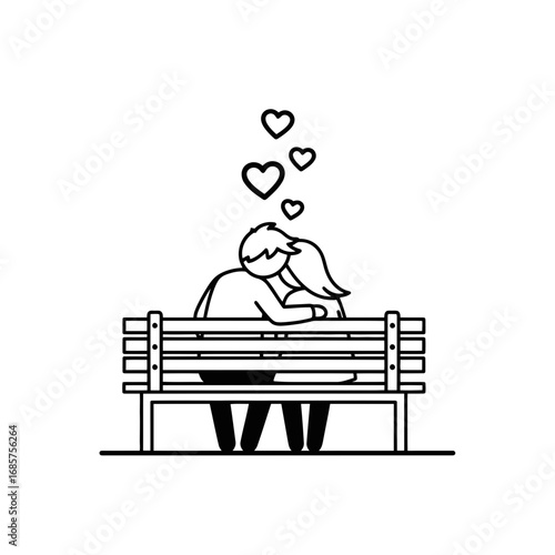 Vector art of a loving couple sitting on a park bench, embracing each other with hearts floating above them