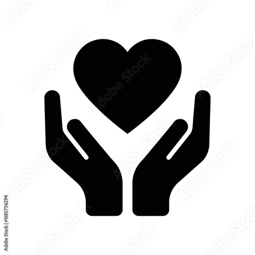 Vector art of black icon of a heart held between two open hands, symbolizing love, care, and support
