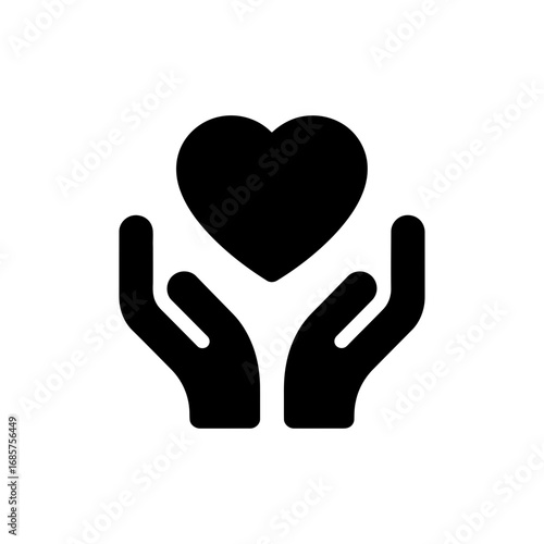 Vector art of black silhouette of a heart held between two open hands, , symbolizing care, love, and support