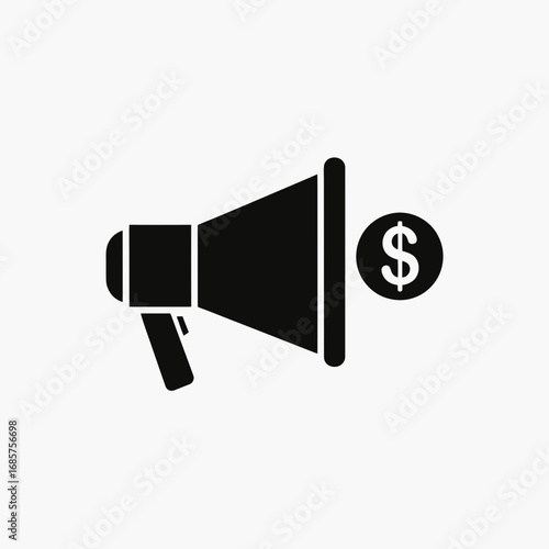 Vector art of black silhouette of a megaphone with a dollar sign coin next to it, representing advertising and financial promotion