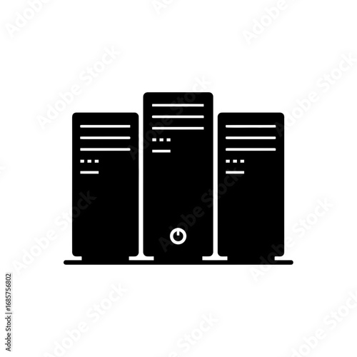Vector art of three black computer server towers standing side by side on a, representing data storage and technology