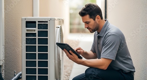 Technician using a tablet to inspect an outdoor air conditioning unit