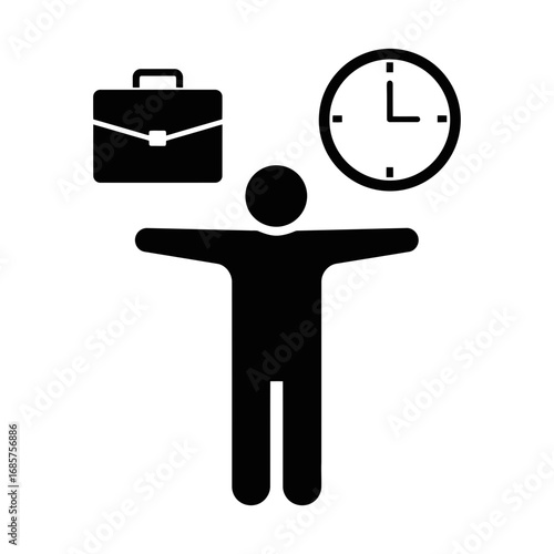 Vector art of silhouette of a person with arms outstretched, a briefcase above their left shoulder, and a clock above their right shoulder
