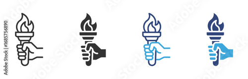 Hand holding a burning torch icon set,  symbol of leadership, victory, freedom, and enlightenment , vector illustration. 