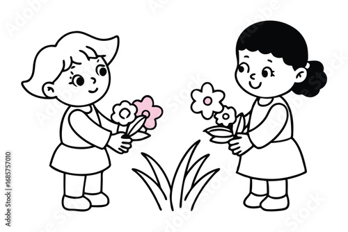 Happy Children Holding Flowers in Lush Green Garden Scene