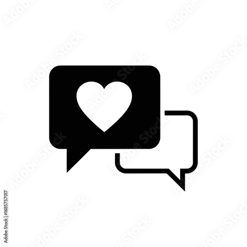 Vector art of black icon of a speech bubble with a white heart inside, representing love or liking a message
