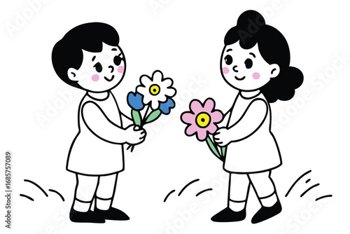 Happy Children Holding Flowers in Lush Green Garden Scene