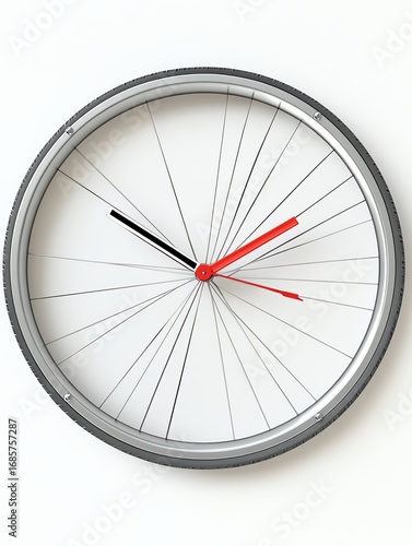 Creative wall clock designed as a bicycle wheel, featuring minimalist red and black hands on a white background.