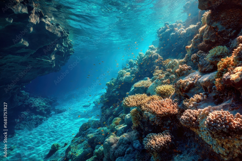 Fototapeta premium Exploring the vibrant coral reef dropoff at midday with sunlight illuminating shallow waters and diverse marine life