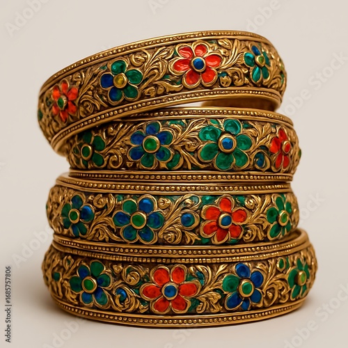 Stack of ornate traditional indian bangles with colorful flower designs