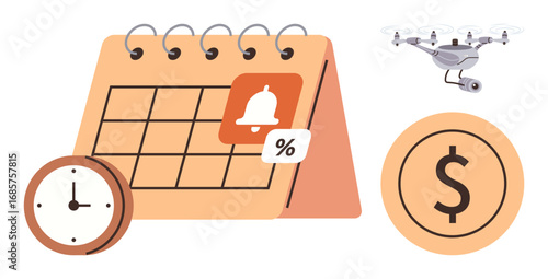 Spiral calendar with reminder and discount icon, analog clock, dollar coin, and Quadcopter highlighting time management, financial planning, delivery scheduling, and economic focus. Ideal for