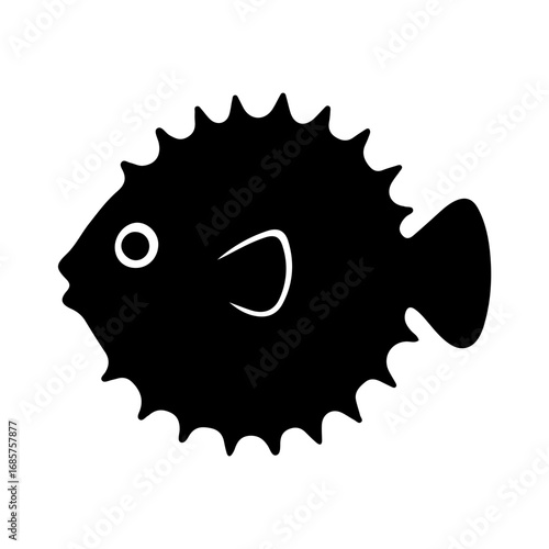Black silhouette of a pufferfish, with spiked features, ideal for marine, ocean life, and wildlife-themed designs