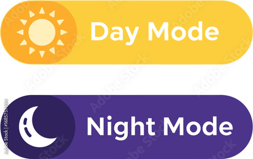Two rounded buttons, one yellow with a sun for Day Mode and one purple with a moon for Night Mode, representing UI theme toggles.