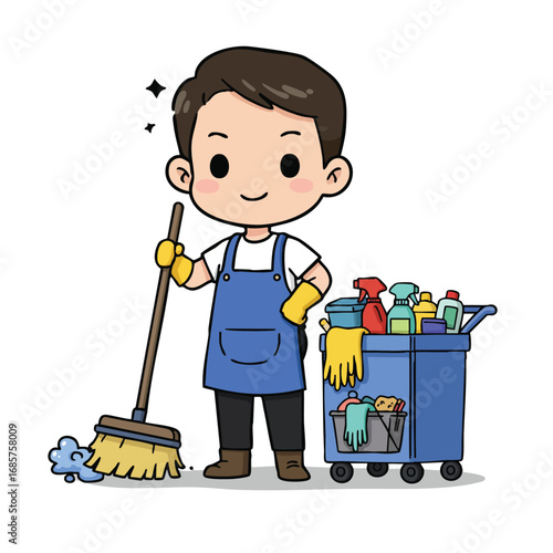 Young boy cleaning floor with mop and cart full of cleaning supplies in cartoon style illustration 