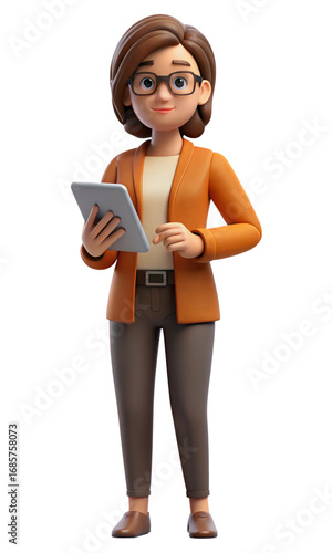3 D Cartoon Woman Holding Tablet isolated on a transparent background