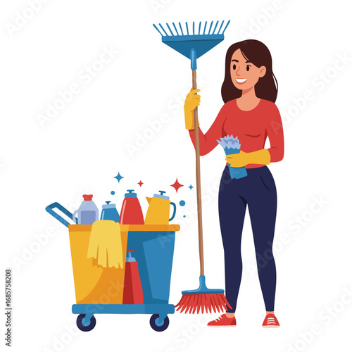 Woman holding cleaning rake with janitorial cart full of bottles and cleaning supplies in vector illustration 